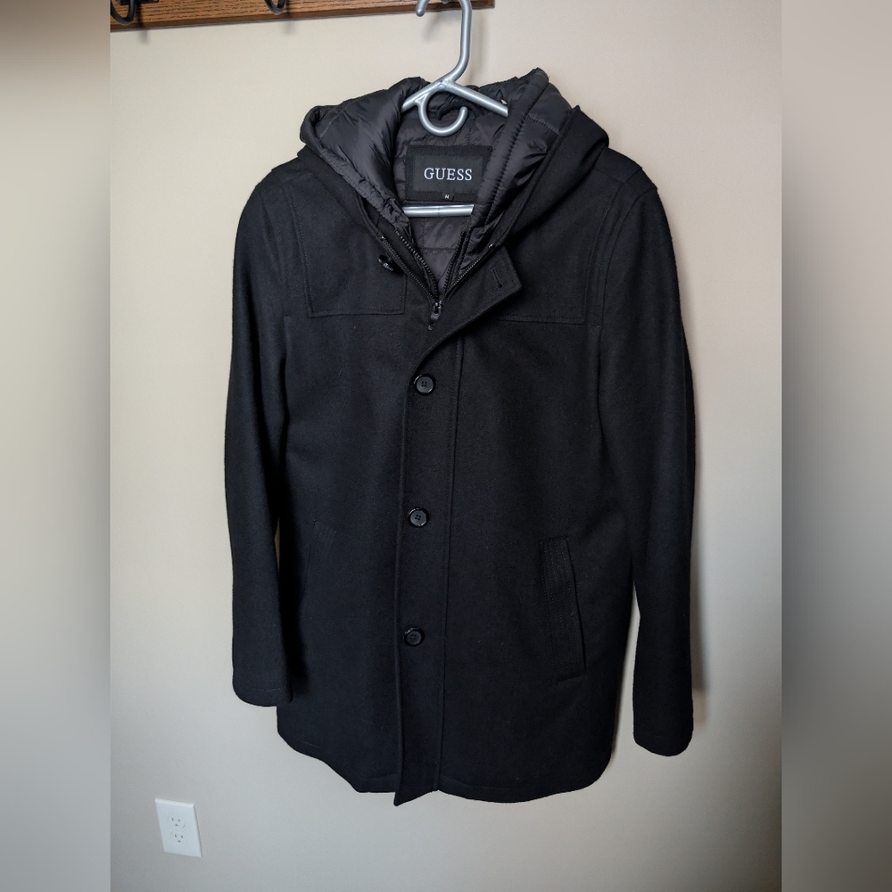 GUESS Men's Hooded Jacket/Topcoat with Removable Bib/Hood, Size Medium Dressy